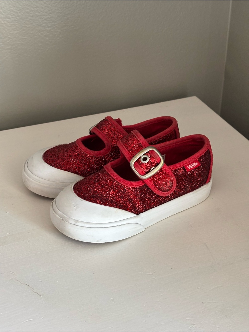 Vans Kids Red Glitter Mary Jane Slip-Ons with Buckle - size 7 toddler